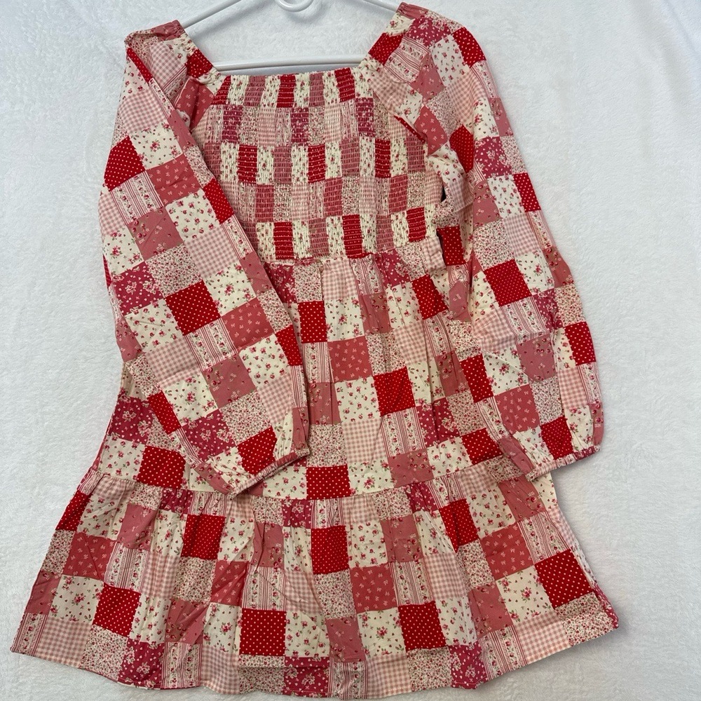 Classic Prep Hattie Dress Kids 14 Red Love Patchwork Long Sleeves Ruffle Preppy